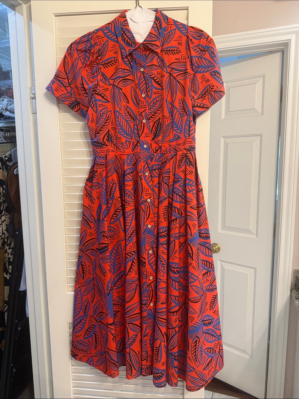 Alexis Red Midi Shirt Dress with Blue Leaf Print